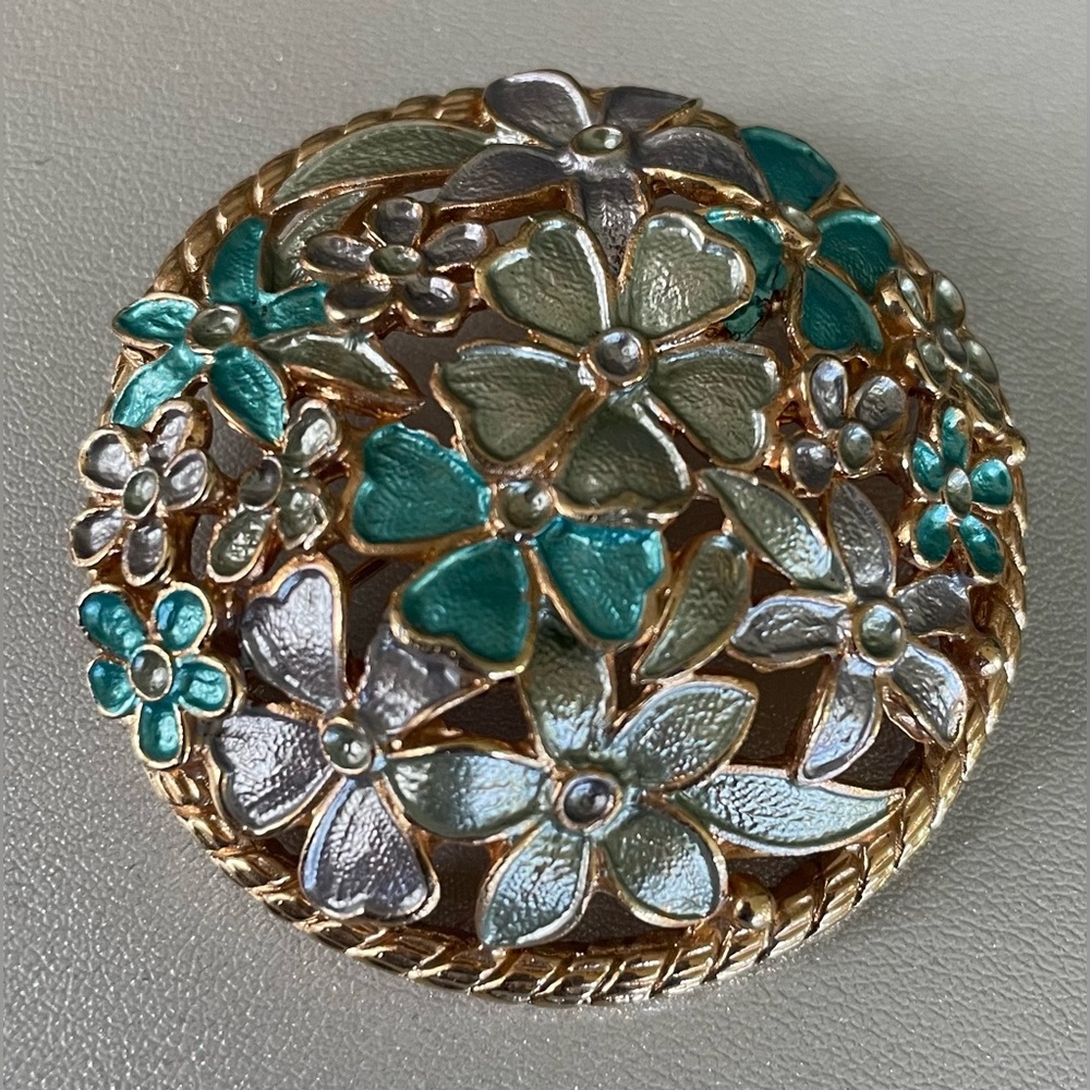 Vintage 1960s Gold Tone Teal Green Floral Bouquet Brooch 2”